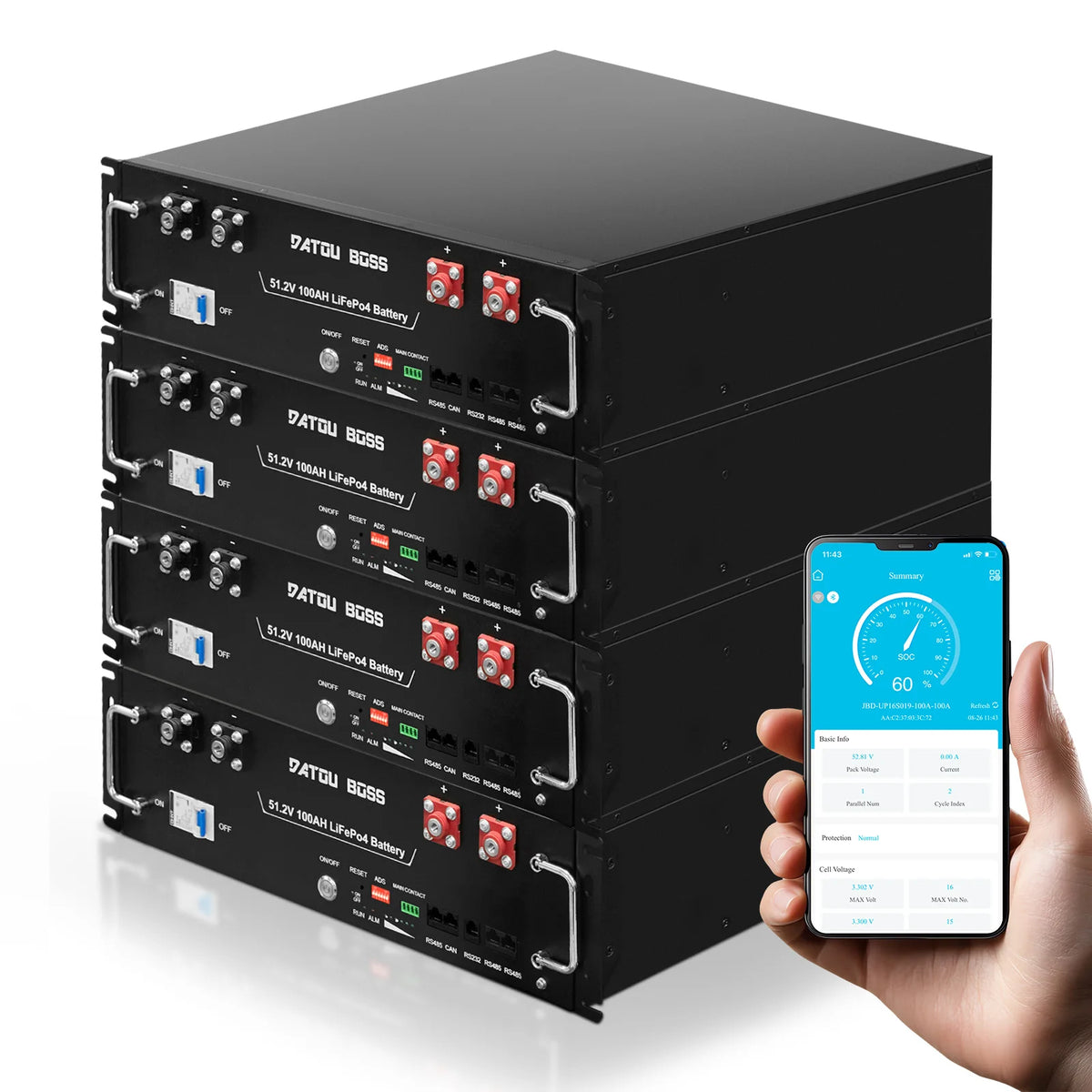 DATOUBOSS 48V 100Ah LiFePO4 Lithium Battery, 5.12kWh 3U Server Rack Battery Built-in 100A BMS, 15,000+ Deep Cycles, Bluetooth & App Monitoring, RS232/RS485/CAN, for Home, RV & Off-Grid Backup