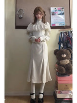 NiceMix Gothic Victorian Cape Lace High Neck Mermaid Dress New Long Dress Elegant Slim Dark Lolita Белое Готическое Платье