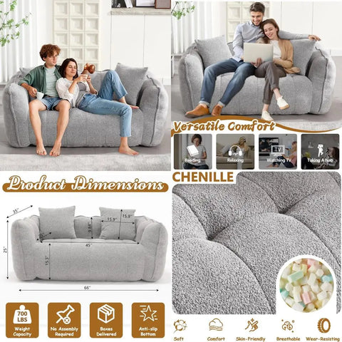"Adults' Large Grey Bean Bag Loveseat with Two Pillows, Ideal for Teenagers and Living Room Floor Seating"