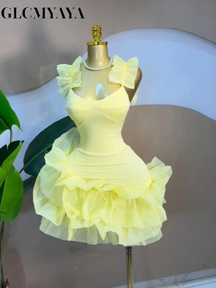 CM.YAYA Women Sleeveless Tierred Ruffles Hem Tank U-neck A-line Mini Dress Sexy Street Birthday Party Evening Trendy Dresses