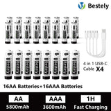 AA AAA Battery 1.5V 5800mAh and 3600mAh Lithium Rechargeable Batteries Fast Charging Li-ion Battery 2000 Cycles Type-C Cable