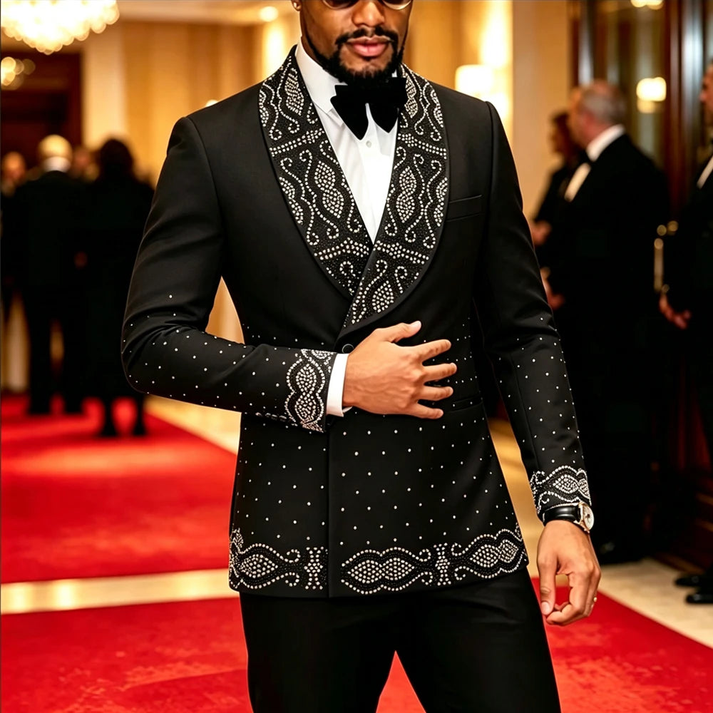 Men Black Double Breasted Tuxedo Suit 2 Pieces Silver Embroidery Rhinestone Shawl Lapel Slim Fit Jacket Pants Set Wedding Groom Blazer For Party Prom