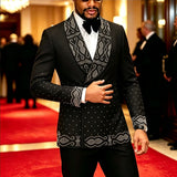 Men Black Double Breasted Tuxedo Suit 2 Pieces Silver Embroidery Rhinestone Shawl Lapel Slim Fit Jacket Pants Set Wedding Groom Blazer For Party Prom