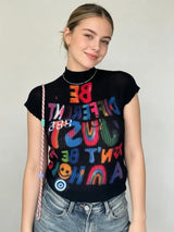 Women's T-shirt Harajuku Korean Y2k Graphic Print Short Sleeve Tee Top Clothes Fashion Vintage Streetwear Elastic T-shirt 2025