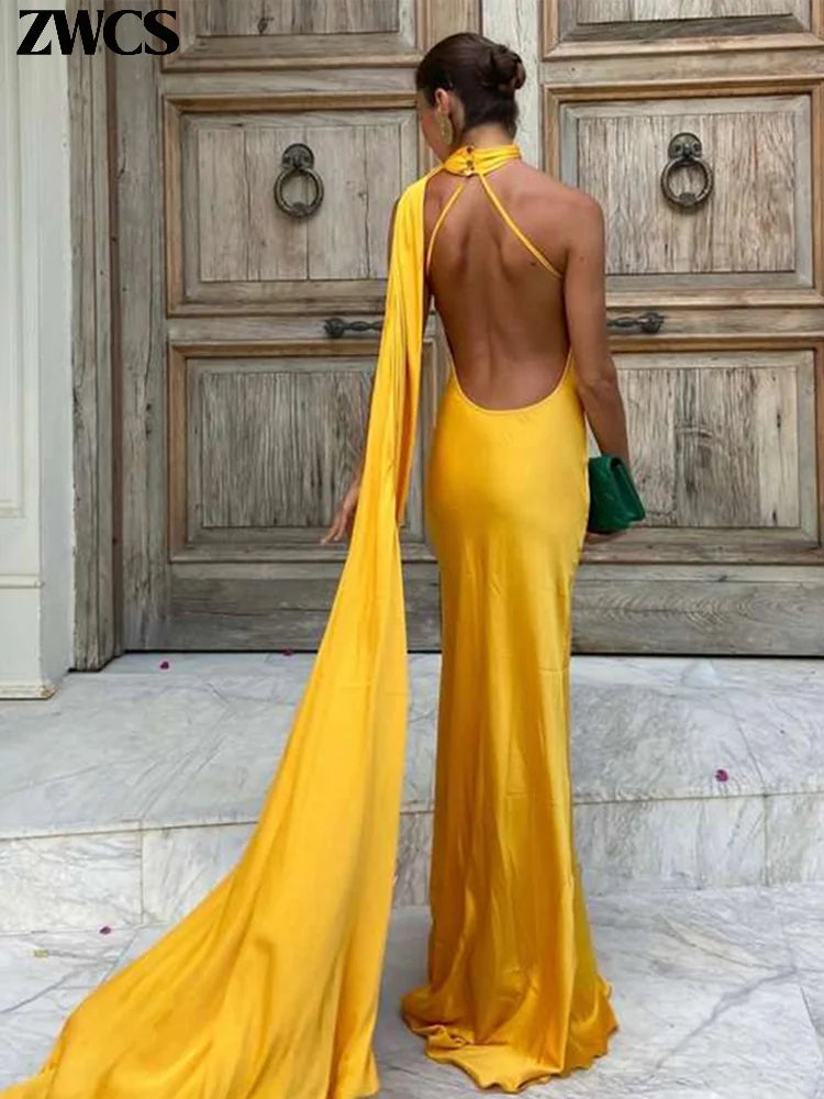 Elegant Satin Ribbons Halter Party Dress Women's Sexy Backless Off Shoulder Sleeveless Robes 2026 Summer New Lady Evening Gowns