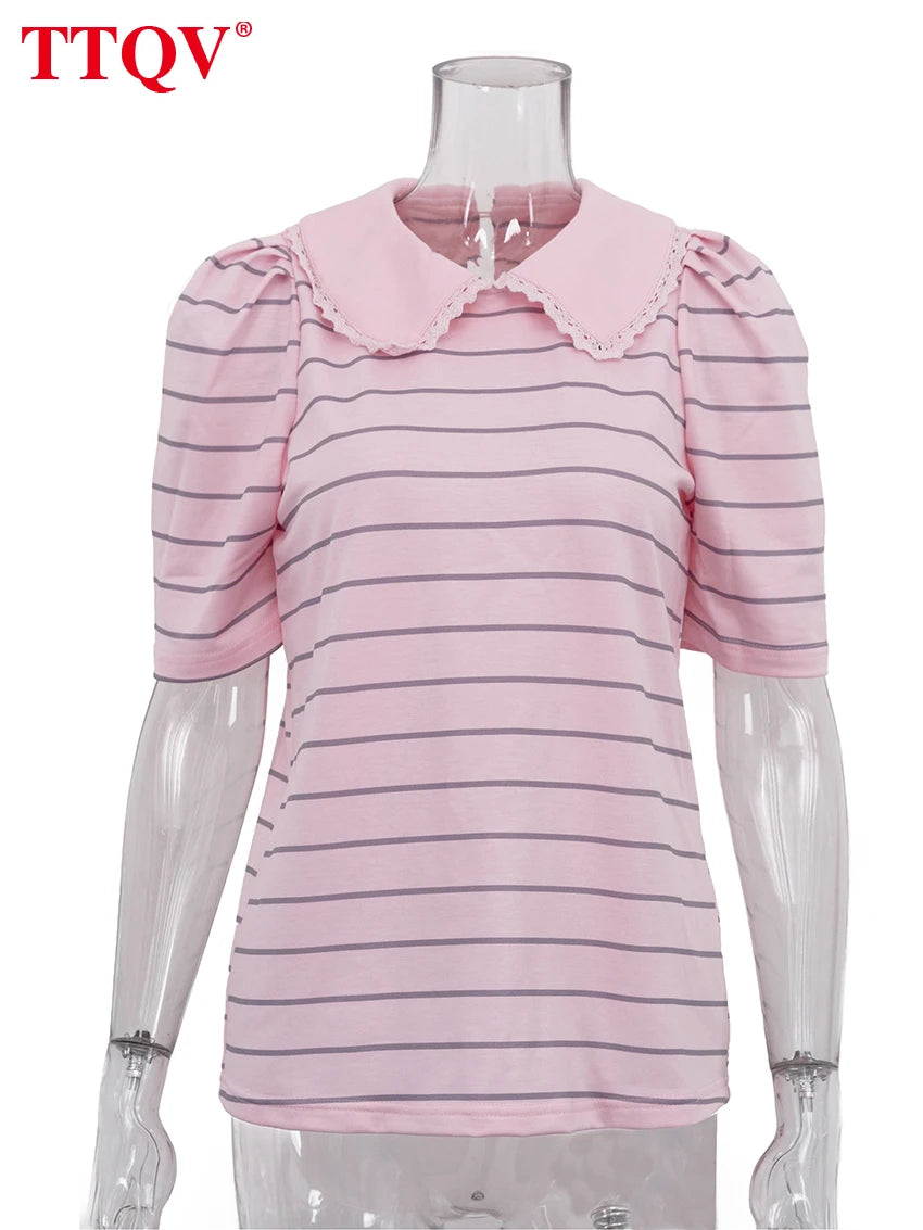 TTQV Summer Loose Stripe Print Women's T-Shirt 2026 Fashion Lapel Short Sleeve T Shirts Elegant Classic Top Female Clothing