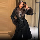 Women Long Coat Faux Fur Collar Cuffs Belted Waist Elegant Winter Outerwear Single Breasted Maxi Overcoat For Women Streetwear