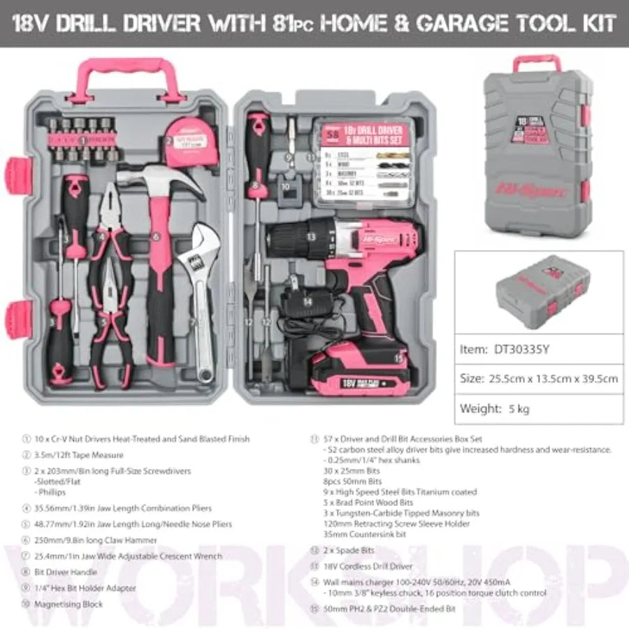 Cordless Drill Tool Set: Pink Power Drill for Women used for DIY Building and Fixing Tasks Easy to use All In One Set i