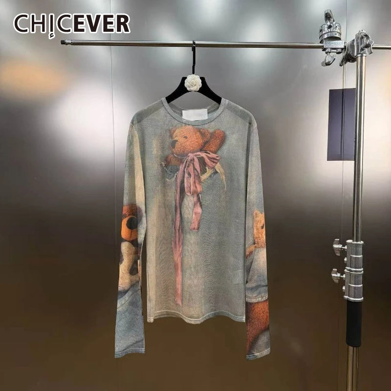 CHICEVER Hit Color Spliced Printing T Shirt Female O Neck Long Sleeve Loose Basics Streetwear Women's T Shirts Fashion Autumn