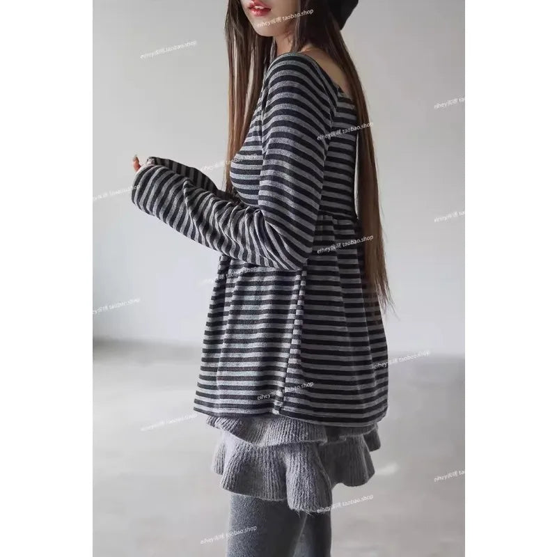 Korean Retro Bow Pleated Casual Long-sleeved T-shirt Women 2026 Spring New High Street Contrast Color Striped Tops