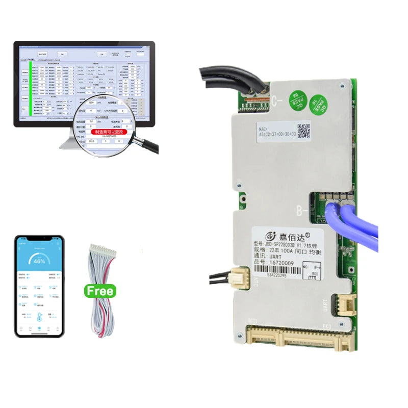 JBD Smart BMS 6S 8S 10S 12S 14S 15S 16S 18S 20S 21S 22S Li-ion BMS Lifepo4 100A 80A 50A 40A 24V 36V 48V 60V Built-in BT With NTC