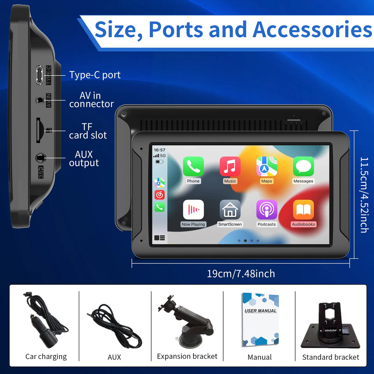 Pionray Wireless CarPlay Screen for Car 7" HD Portable Stereo Touchscreen CarPlay & Android Auto 1080P Full HD Screen Backup Cam