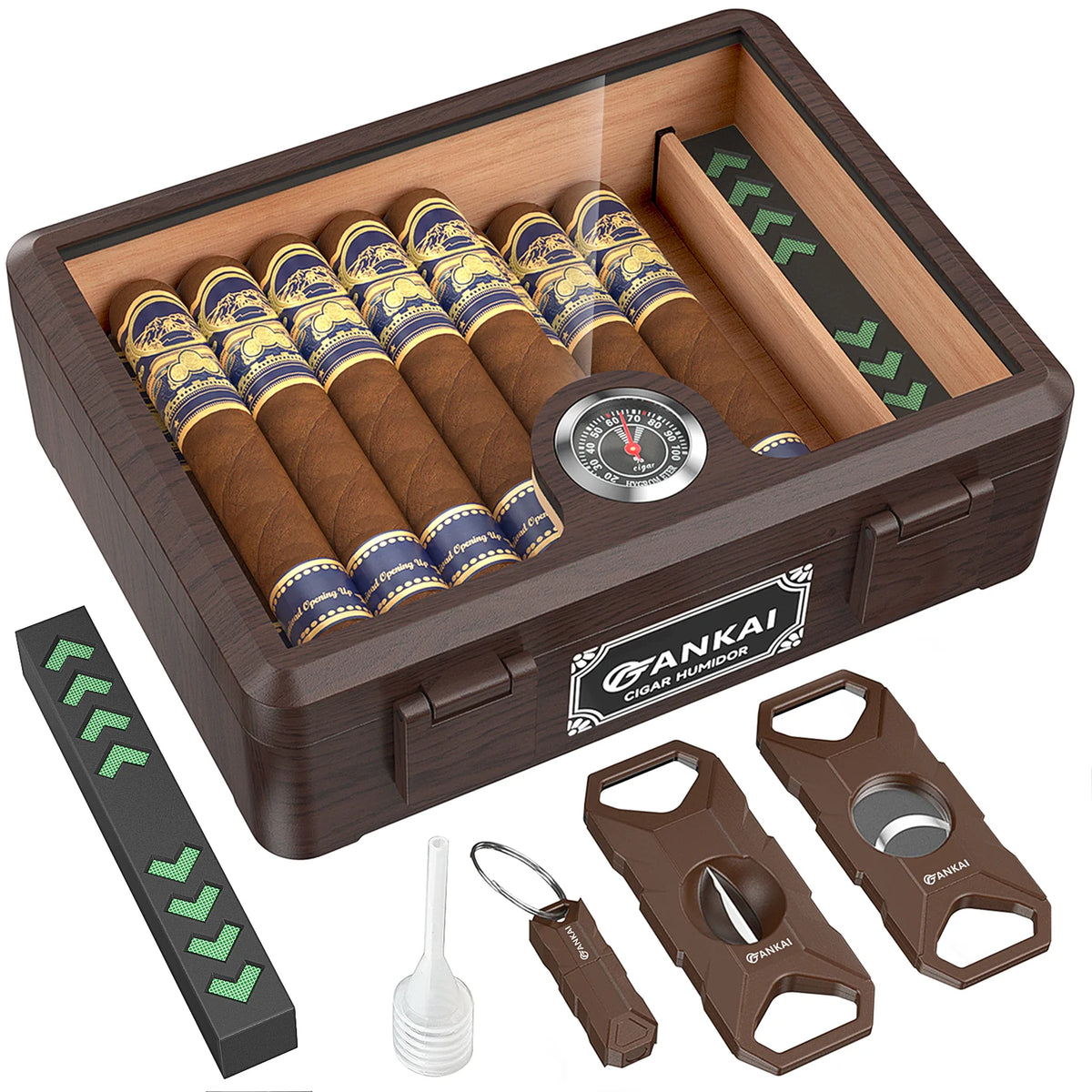 Humidor Cigar Box, with Straight Cutter Guillotine, V Cut, Puncher, Glass Top Case, Cedar Wood Lining, Humidifier Hygrometer