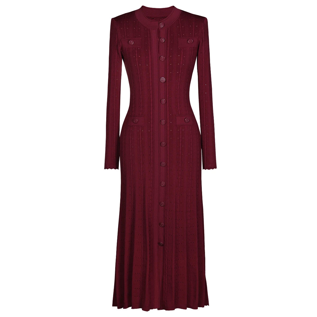 Three Colors High-quality New Elastic Knitted Fabric Hollowed Out Single Breasted Round Neck Long Sleeved Slim Fit Women Dress