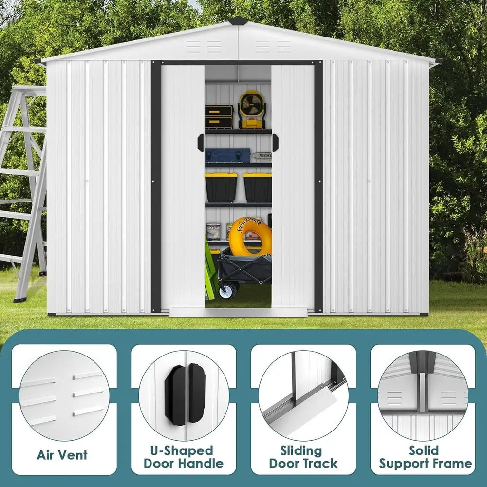 6x8 Outdoor Steel Garden Shed with Sliding Door - White