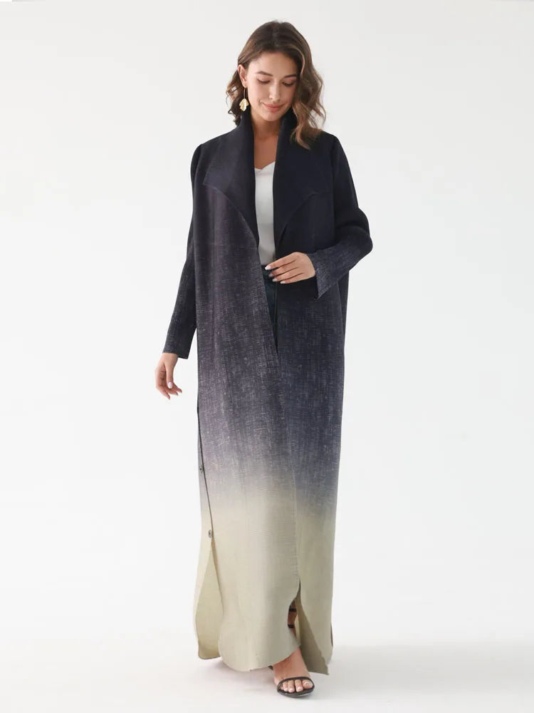 Miyake Pleated Turndown Collar Double Breasted Button Long Sleeve Cardigan Dress Women 2025 New Abaya Original Designer Clothes