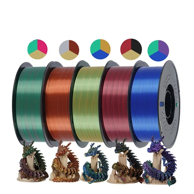 KINGROON 5KG Silk Tricolor PLA Filament 1.75mm, Three-colour Coextrusion 3D Printing Material, New Color Change, 5Roll 1kg/Spool