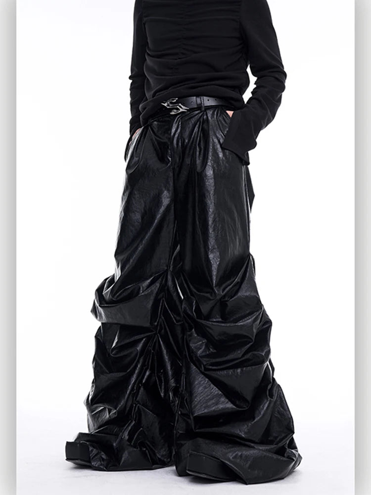 Mauroicardi Spring Autumn Cool Long Baggy Black Soft Pu Leather Wide Leg Stacked Pants Men Mens Designer Clothes Streetwear 2025