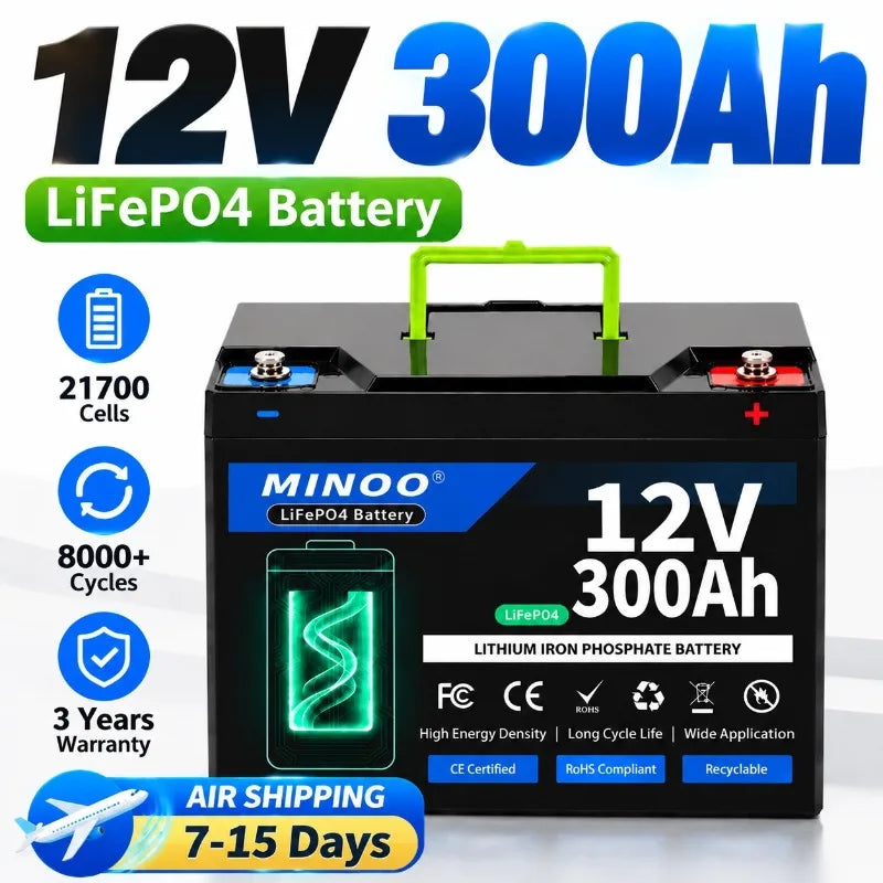 12V 300Ah 21700 LiFePO4 Battery Built-in Smart BMS,8000+ Cycles, Suitable for Solar Panels, Camper Vans, Marine Crafts