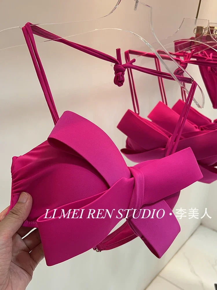 New Holiday Rose Red Bow Bikini Swimsuit Women's Steel Stand Gather