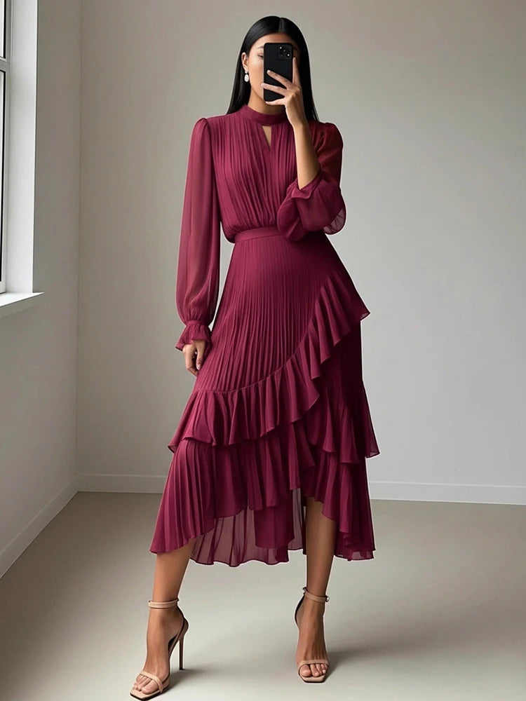 LGRQ 2026 Summer New Solid Color High Waist Dress With Ruffled Hem And Pleats Mid-Length Party Evening Gown