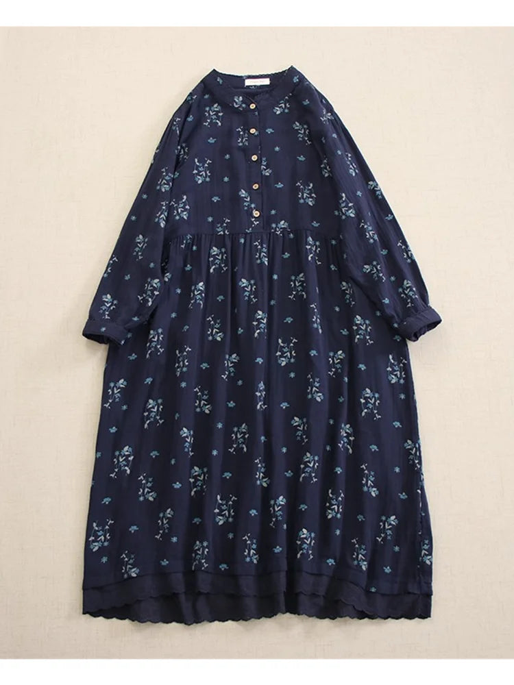 Lamtrip-Double Layers Skin-Loving Stand Collar Flowers Print Long Sleeve, Single Breasted, Loose Robe, Mori, Summer, Unique