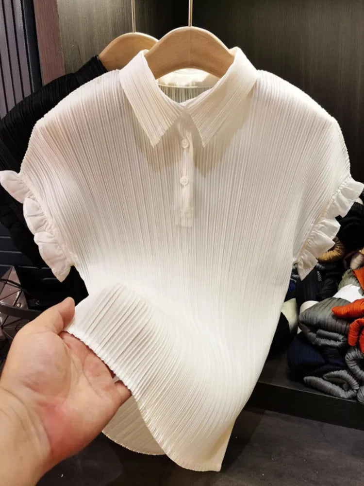 GVUW Fashion Solid Color Folds T Shirt Women's Turn Down Short Sleeve Slim Fit Top 2026 Summer New Tide 17S1582