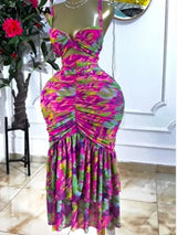 CM.YAYA 2026 Women's Tropical Floral Print Cutout Ruched Ruffle Midi Dress Summer Elegant Birthday Party Club Cocktail Dresses