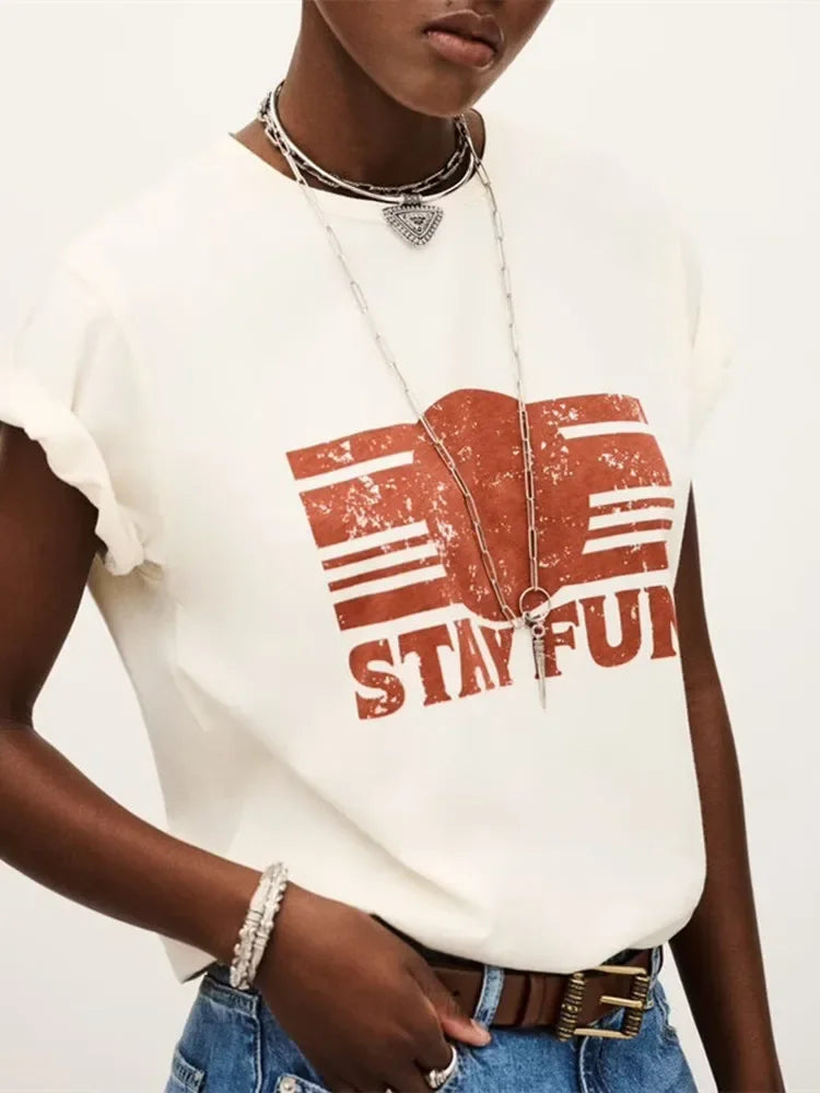 Distress Women Short Sleeved T-Shirt Letter Printed Round Neck Loose Tee for Female Spring Summer 2026