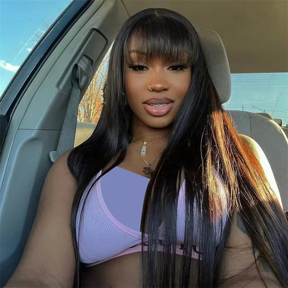 Straight Human Hair Wigs With Bang Full Machine Made Wigs 30 34 inch Natural Color Wig 3x1 Lace Front Remy Human Hair Wigs