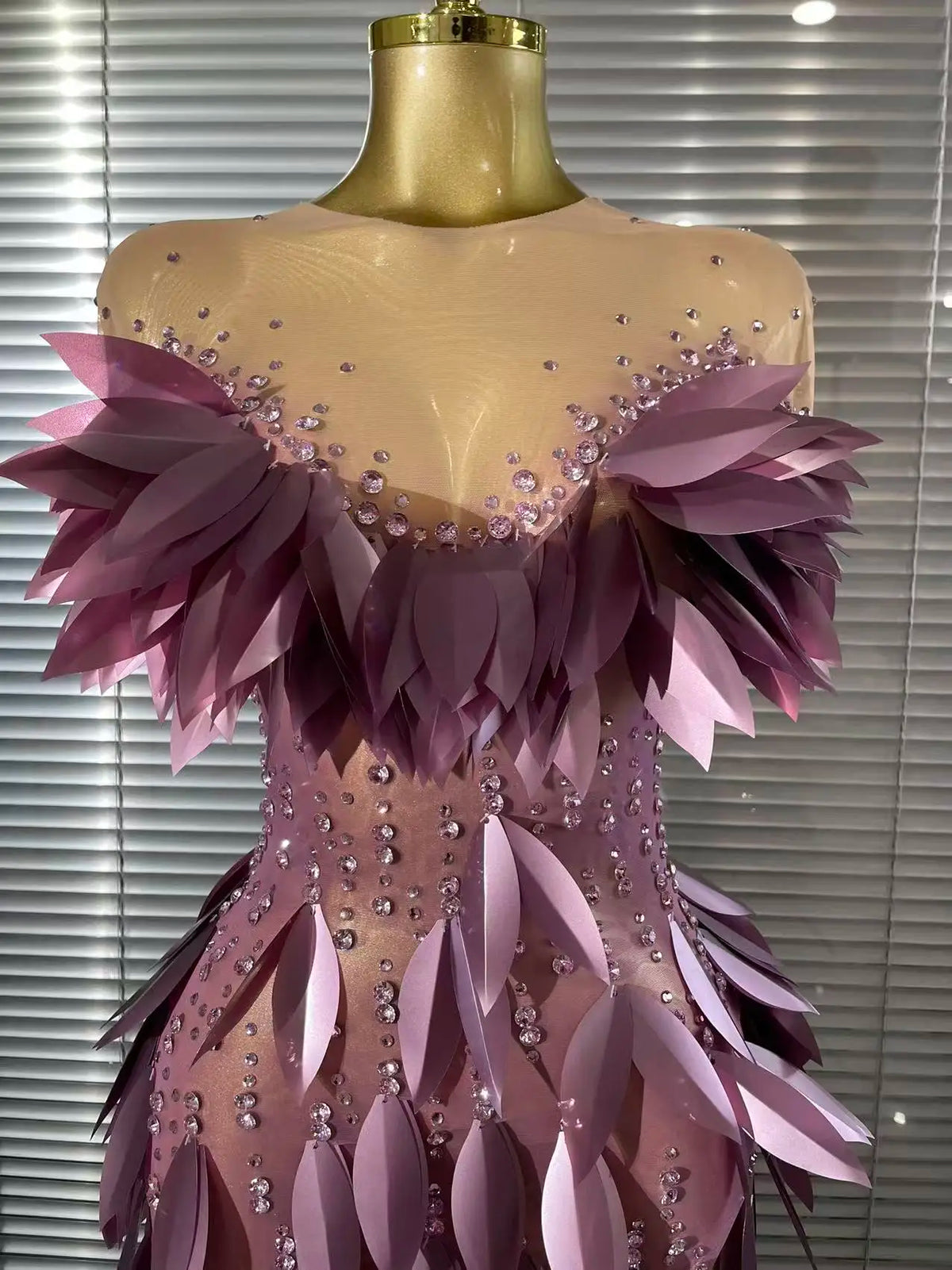 Purple Color Women Sexy 3D Acrylic Leaves Mesh High Stretch Bodycon Long Dress Evening Party Celebrate Birthday Photoshoot Wear