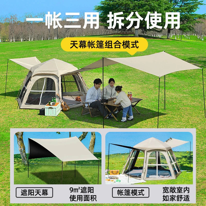 5-8 Persons Automatic Pop Up Camping Tent with Foldable Titanium Silver Cross Hexagonal UV Protection Panoramic Integrated Canop