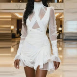 DEAT High Collar Long Sleeve Irregular Solid Ruffle Short Dress Perspective Mesh Slimming Club Dresses 2026 autumn women's new