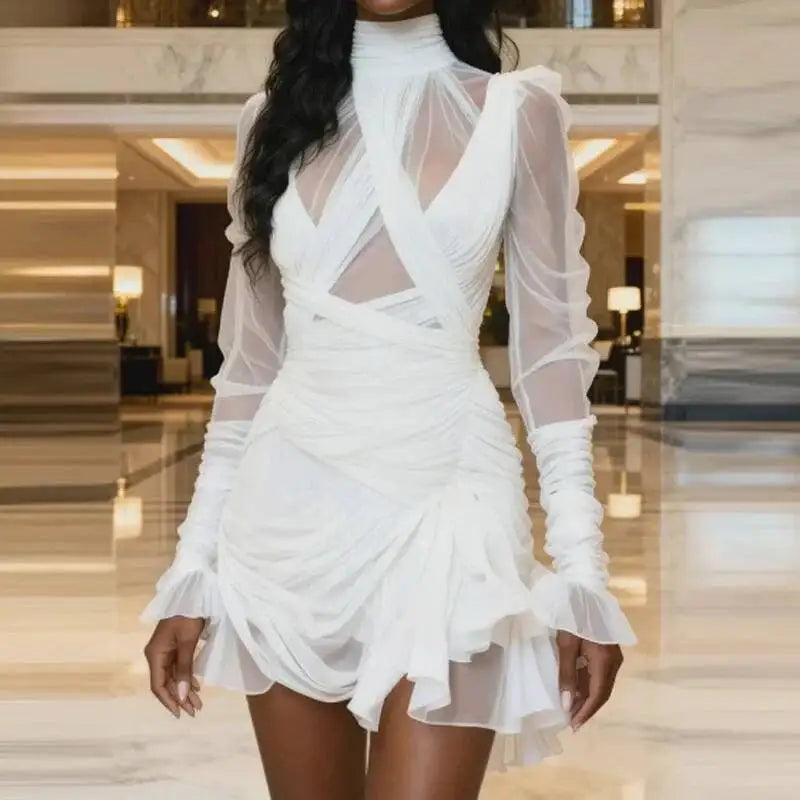 DEAT High Collar Long Sleeve Irregular Solid Ruffle Short Dress Perspective Mesh Slimming Club Dresses 2026 autumn women's new