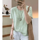 Women's Clothing Loose T-shirt Summer Knit French Style Hollow Out Short Sleeve Ice Silk Tee Lady Large Size O-neck Elegant Tops
