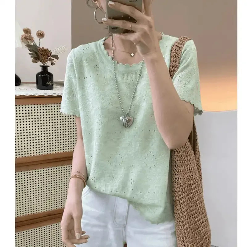 Women's Clothing Loose T-shirt Summer Knit French Style Hollow Out Short Sleeve Ice Silk Tee Lady Large Size O-neck Elegant Tops
