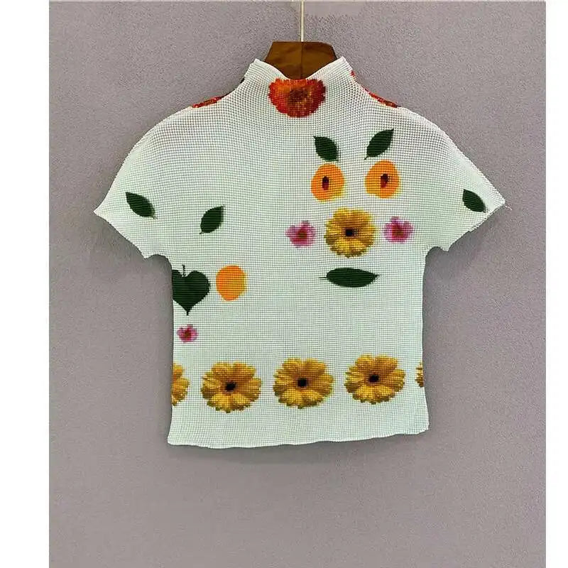 GVUW Printing Pleated T Shrit Woman Turtleneck Short Sleeve Pullover Elastic Slim Fit Tops High Street 2025 New Summer 17G1040