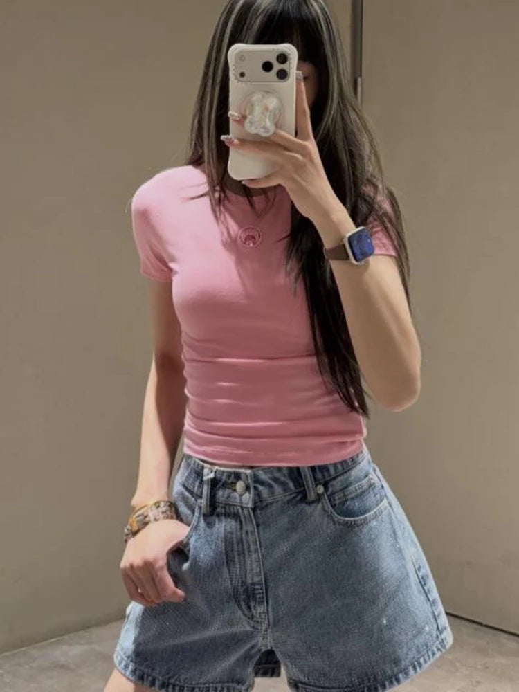 Slim Fit New Women's Moon Embroidered Short Sleeve T Shirt Summer Fashion High Street Casual Basic Round Neck Versatile Top
