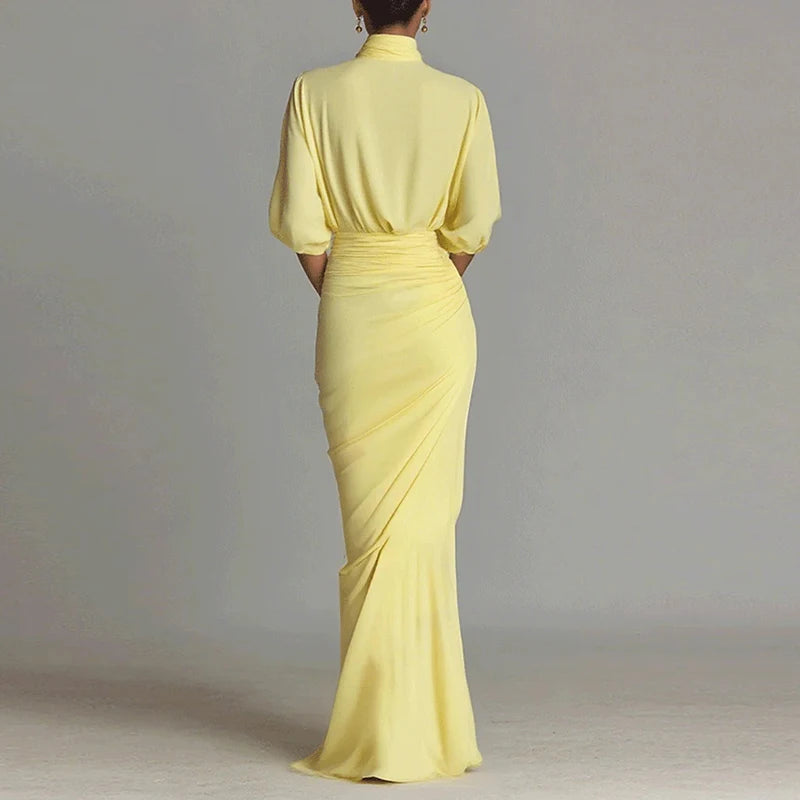 Yellow Lady Turtleneck Pleated Party Dress Autumn Seven Quarter Sleeve High Waist Irregular Dress Fashion Split Solid Long Dress