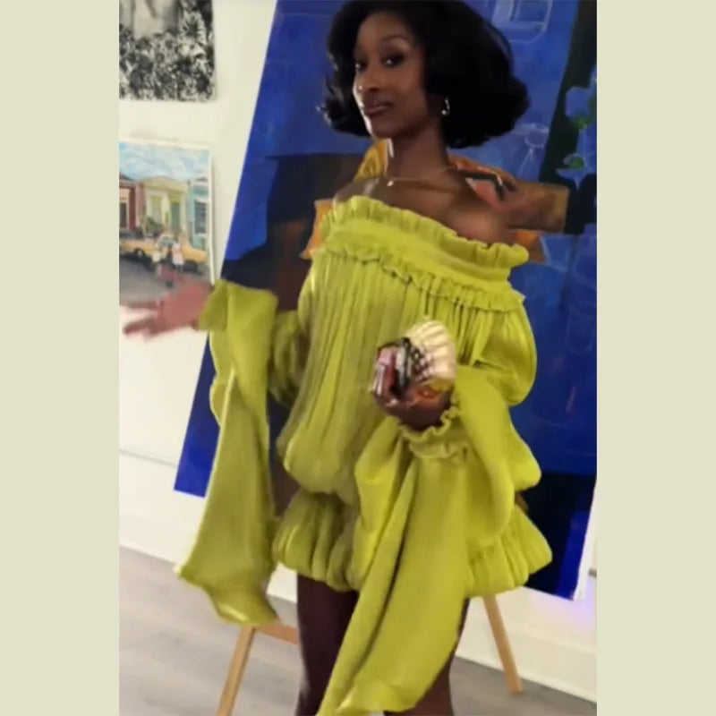Chic Lime Green Off Shoulder Mini Dress Oversized Flare Sleeve Shiny Smocked Waist Bubble Hem Skirt Sexy Party Date Wear New
