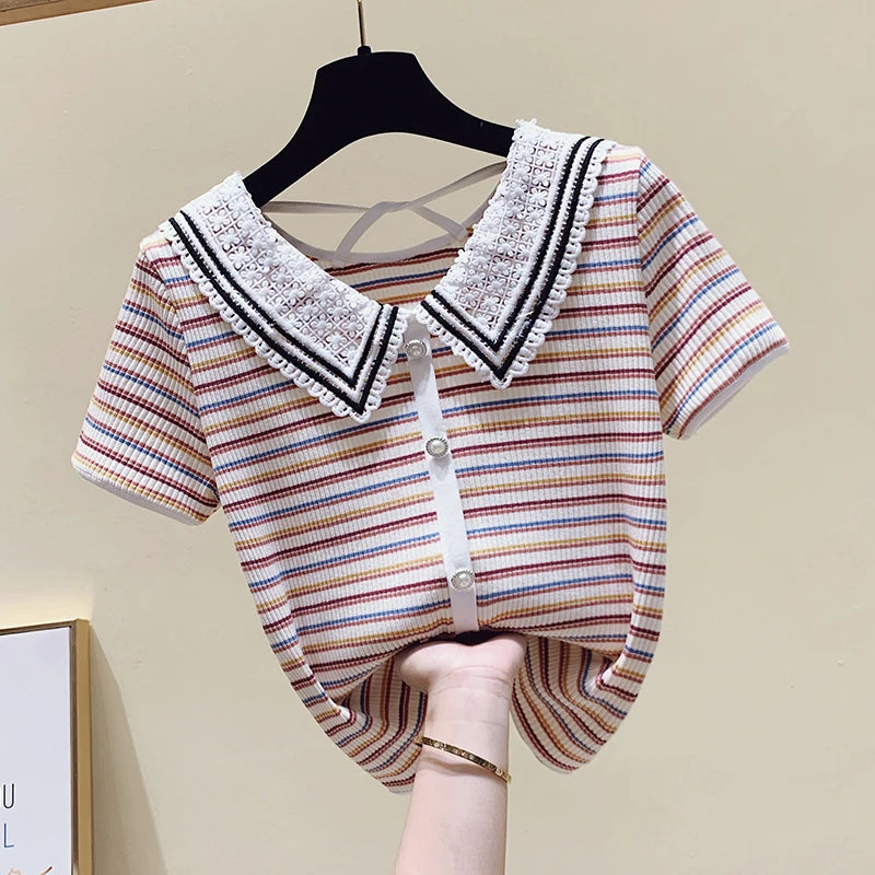 Summer New Chromatic Stripe Doll Collar Short Sleeve T-Shirt Female Small Sweet Wind Design Feeling Hollow Out Backless Coat