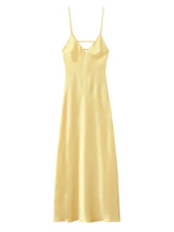 Yellow Satin Sling Dress Women Elegant V Neck Sleeveless Backless High Waist Maxi Dresses 2025 Summer Lady Party Evening Robes
