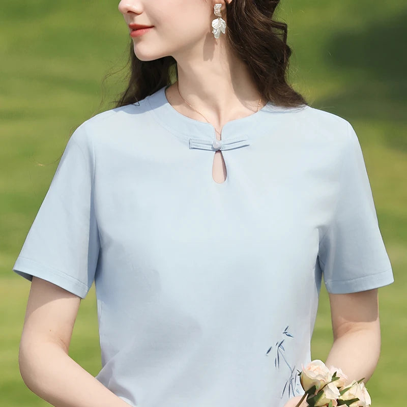 I BELIEVE YOU Light Blue Bamboo Embroidery T-Shirts 2026 Summer Chinese Knot Keyhole Neck Short Sleeve Casual Top 2261016298