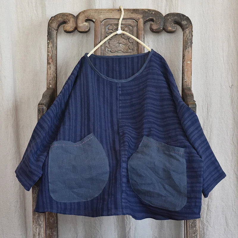 Johnature Women Vintage Linen T-Shirts Loose Patchwork Striped Pockets Tees O-Neck Long Sleeve 2024 Autumn New Original T-shirts