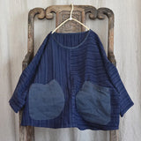 Johnature Women Vintage Linen T-Shirts Loose Patchwork Striped Pockets Tees O-Neck Long Sleeve 2024 Autumn New Original T-shirts