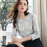 I BELIEVE YOU Grey Floral Embroidery Long Sleeve T-Shirt for Women 2026 Autumn Crew Neck Splicing Lace Casual Top 2263016550