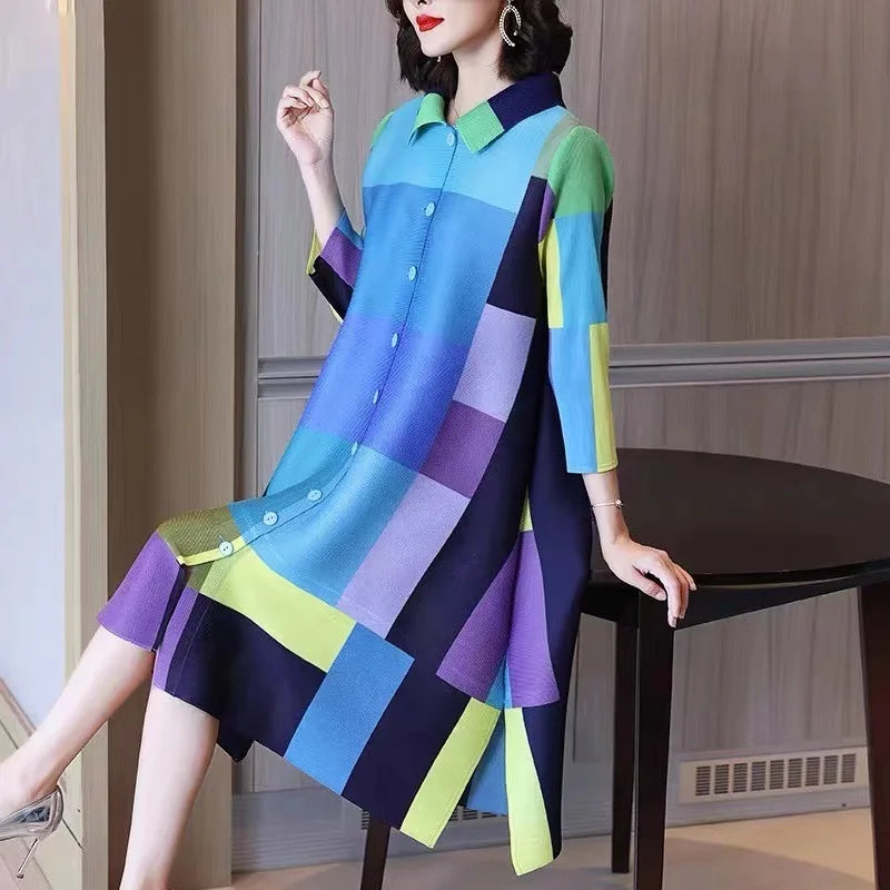 LANMREM Patchwork Color Pleated Dress Women Fashion tide 2025 New Lapel Single Breasted Long Sleeve Casual Loose Dresses 2DE683
