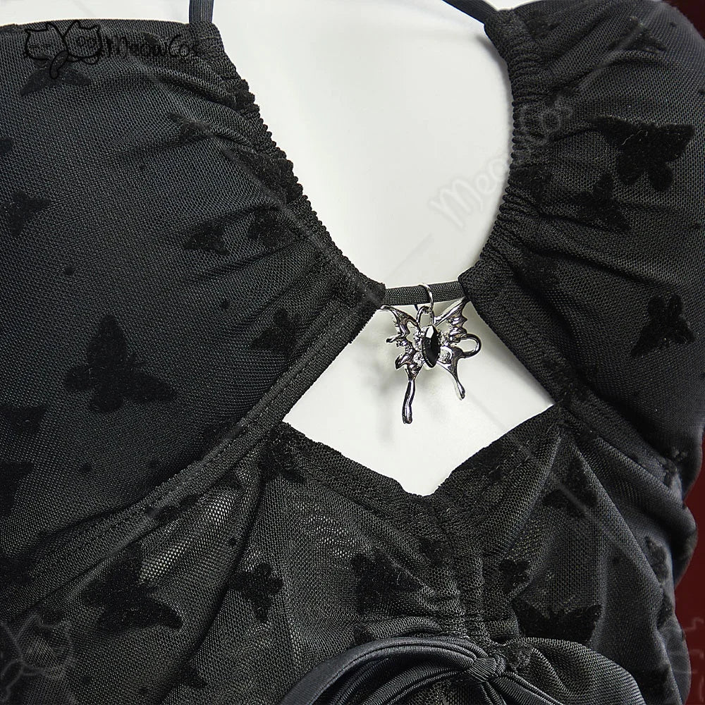 Meowcos.com Women’s Goth Bikini Swimsuit Flocked Butterfly Swimsuit Set with Choker Top Skort Bathing Suit for Beach Pool