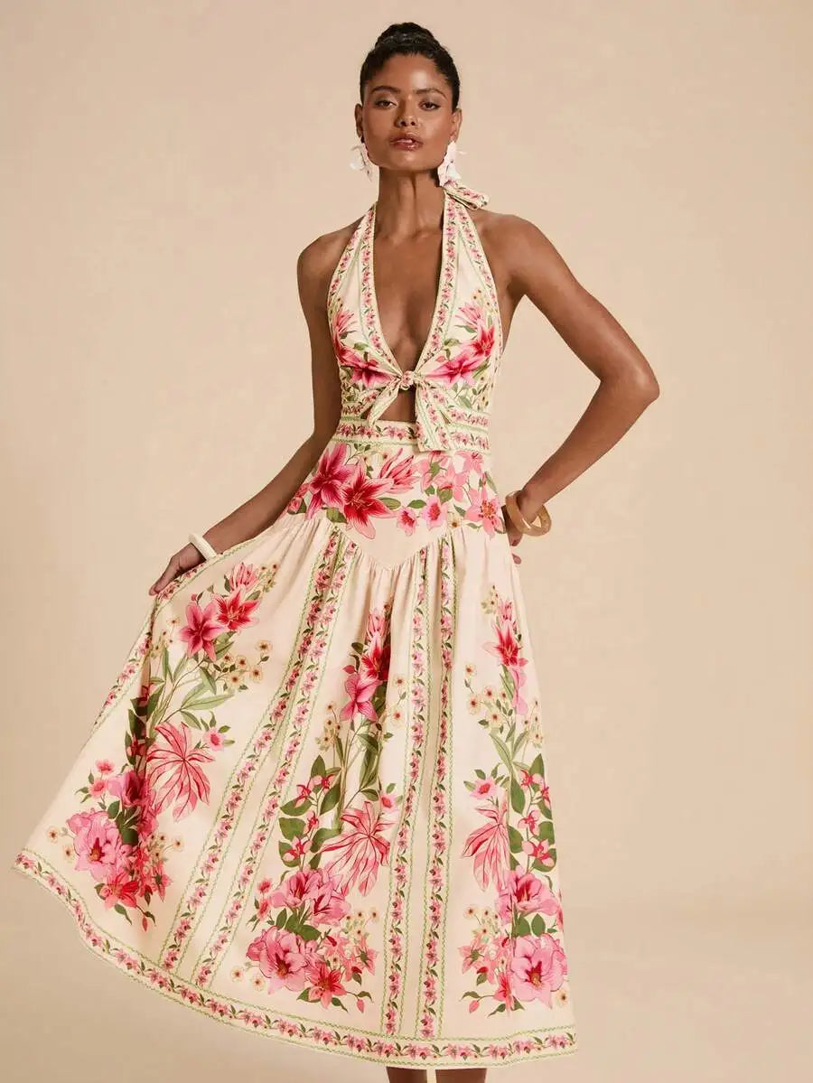 Elegant Floral Print Vacation Halter Backless Sexy Dress,Dresses For Women Summer