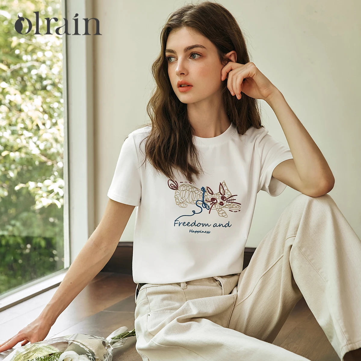 OLrain White Casual T-shirt for Woman 2026 Fashion Chic Embroidery Straight Short Sleeve O Neck Simple Summer Clothes O57XT95502